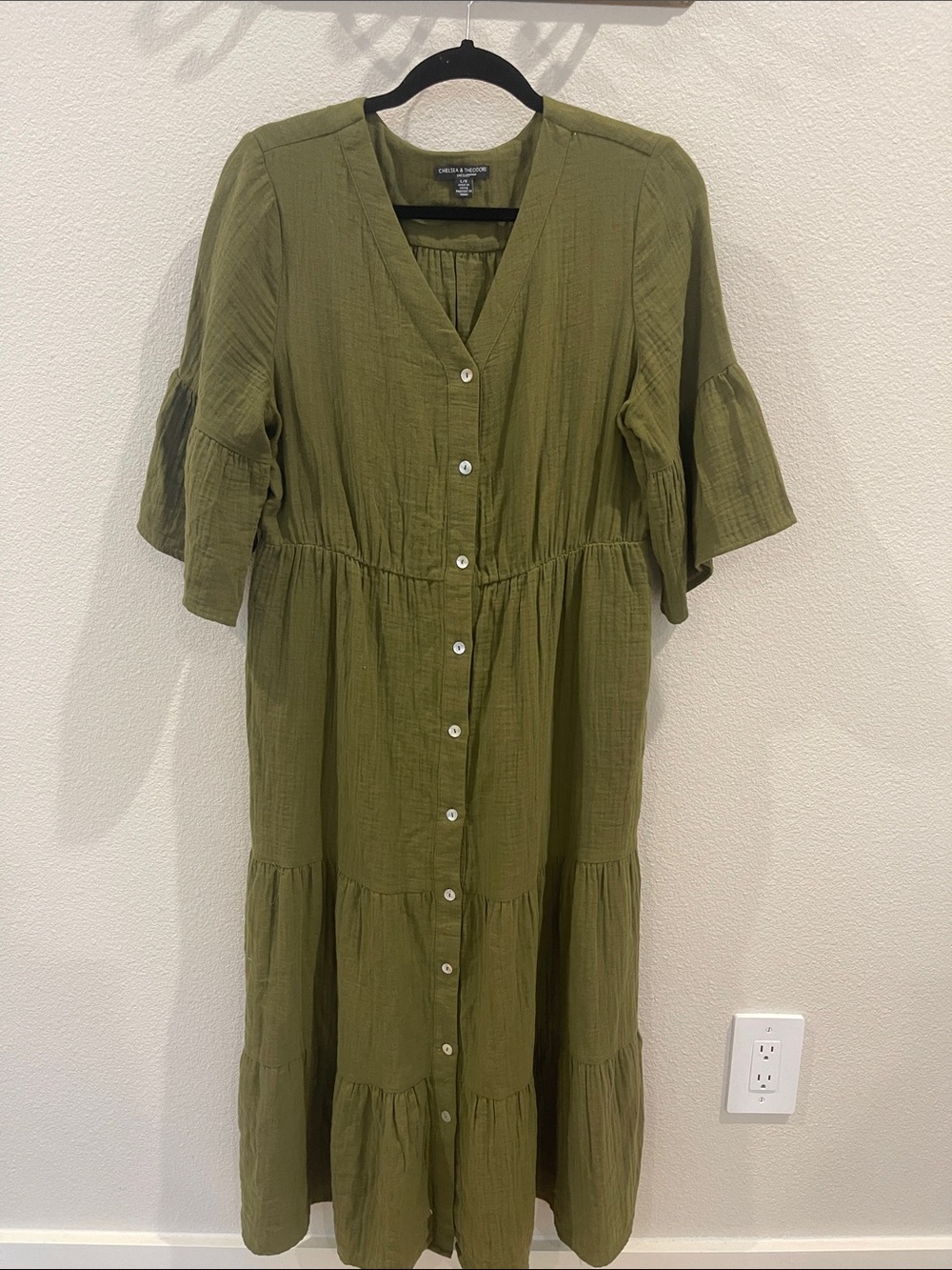 Chelsea & Theodore Olive Green Button-Front Tiered Maxi Dress